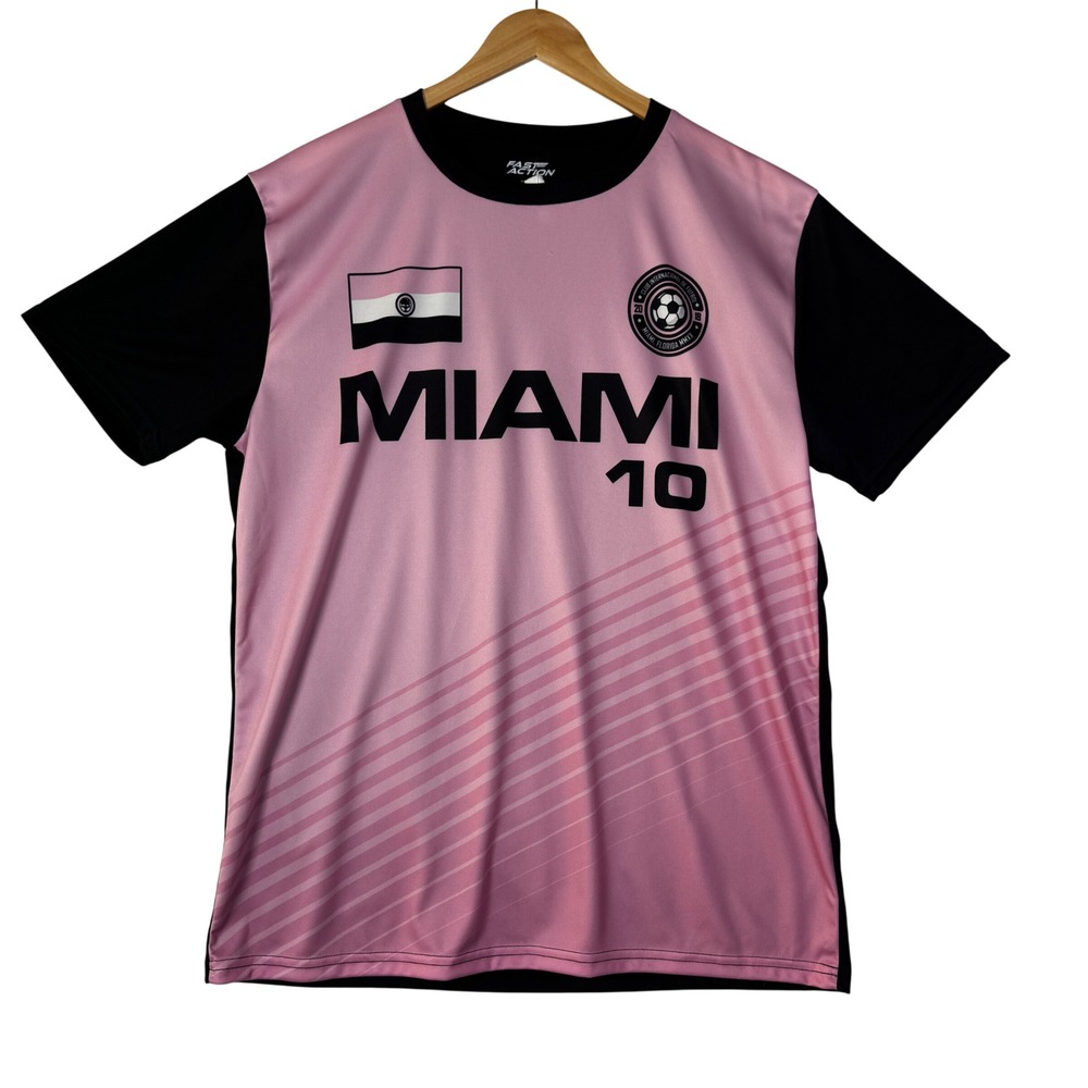 Fast Action Miami Soccer Jersey Mens Large Pink Black Graphic NWT